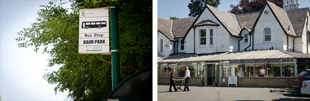 Bus stop and hotel facade