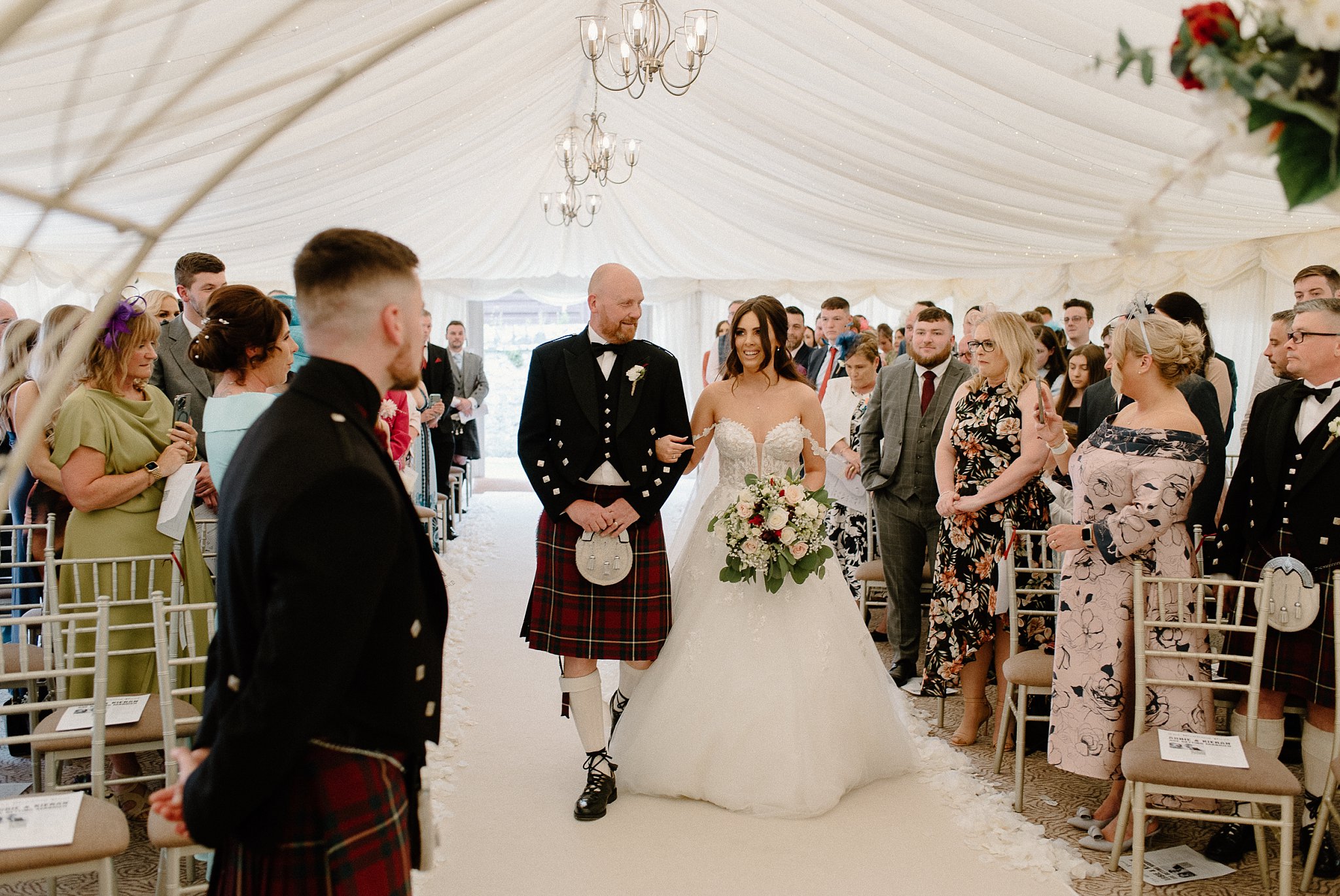 Cornhill Castle, wedding, photography, photographer, bride, aisle, marquee, dad, father, scotland