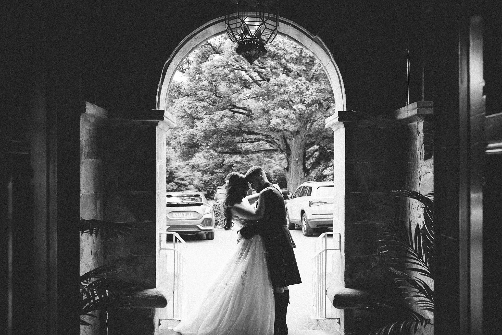 Cornhill Castle, wedding, photography, photographer, Scotland, bride, groom, romantic, couple, portrait, pics, photo, married, hotel, kilt, tartan, Biggar, South Lanarkshire, Tinto Hill, silhouette, love, doorway, black, white